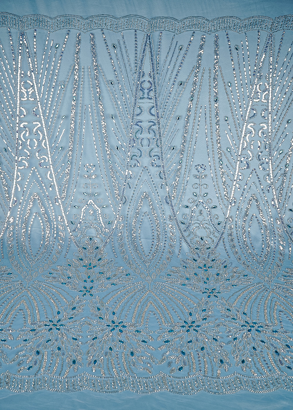 Powder Blue Imported Net Fabric With All Over Stone, Sequins And Bead Work With Scalloped Border 24028