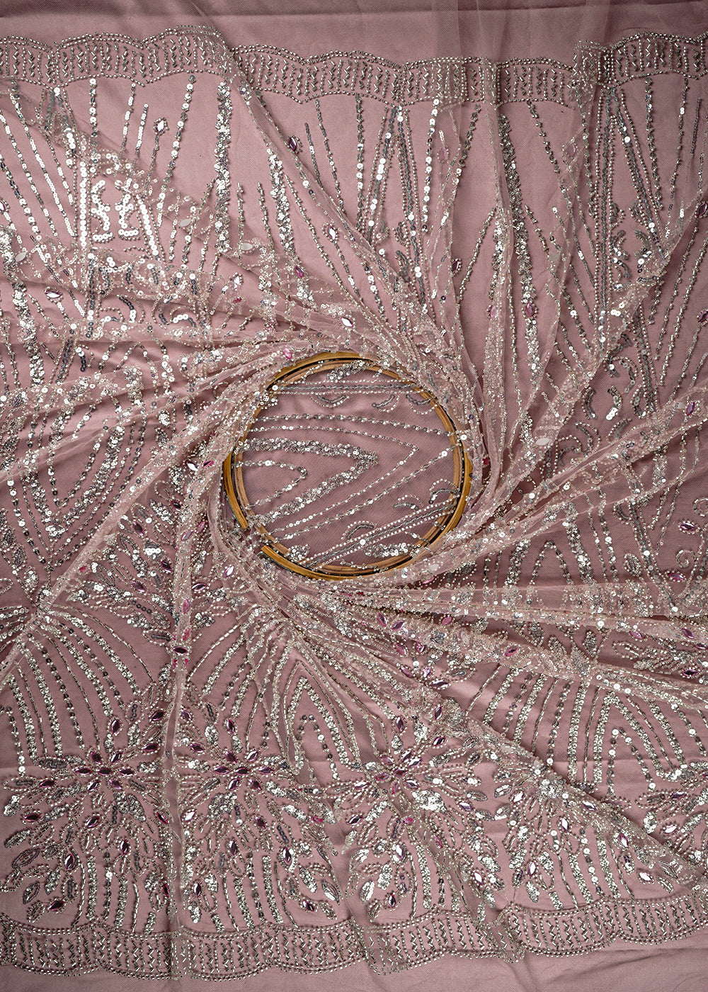 Onion Imported Net Fabric With All Over Stone, Sequins And Bead Work With Scalloped Border 24029