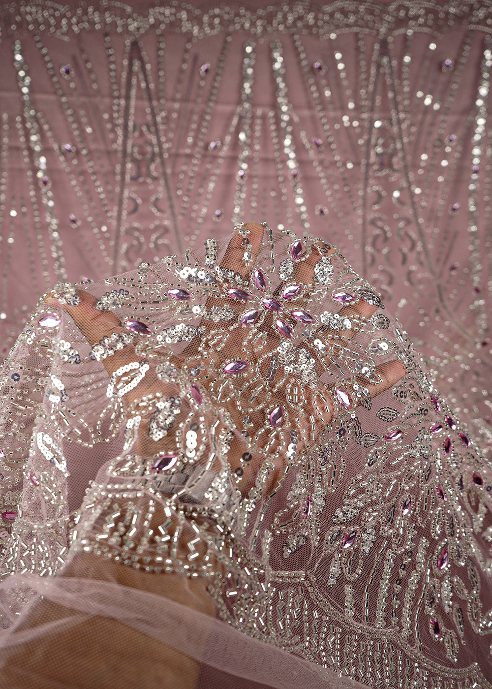 Onion Imported Net Fabric With All Over Stone, Sequins And Bead Work With Scalloped Border 24029