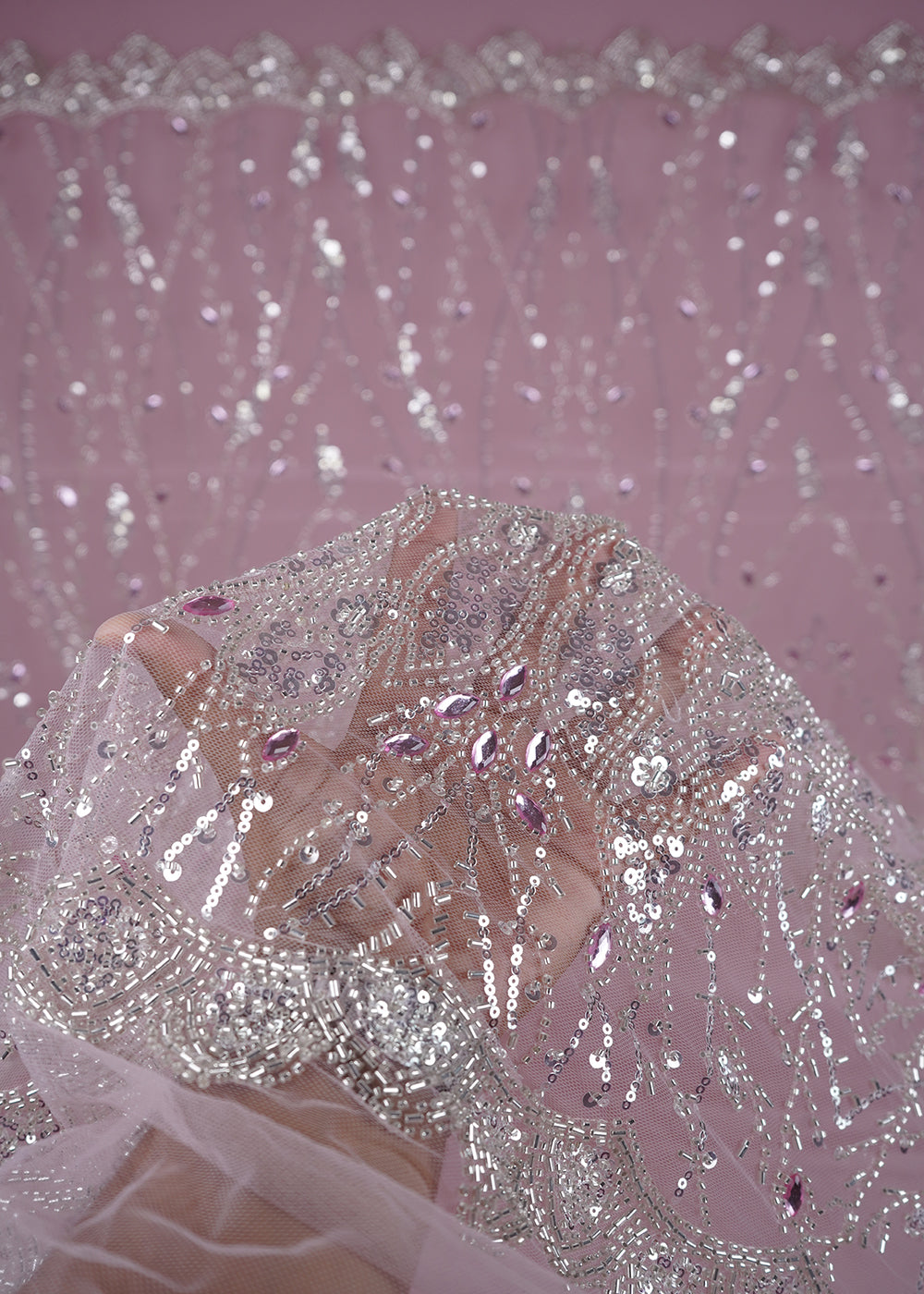 Onion Imported Net Fabric With All Over Bead, Sequins And Stone Work With One Side Scalloped Border 24030