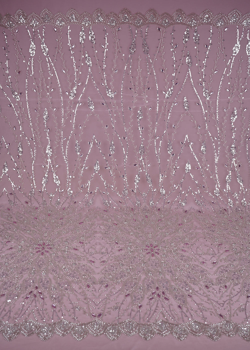 Onion Imported Net Fabric With All Over Bead, Sequins And Stone Work With One Side Scalloped Border 24030