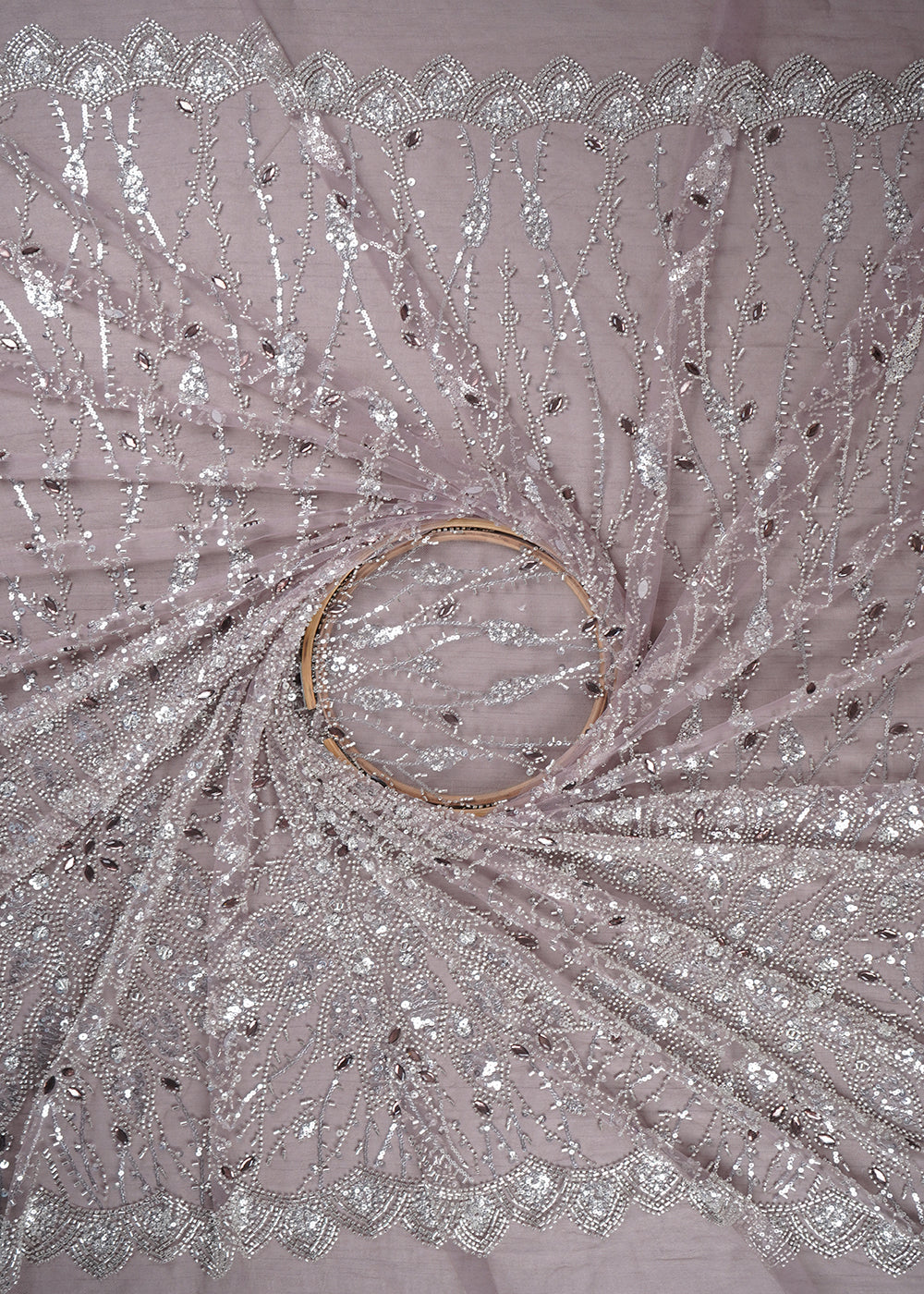 Mauve Imported Net Fabric With All Over Bead, Sequins And Stone Work With One Side Scalloped Border 24031