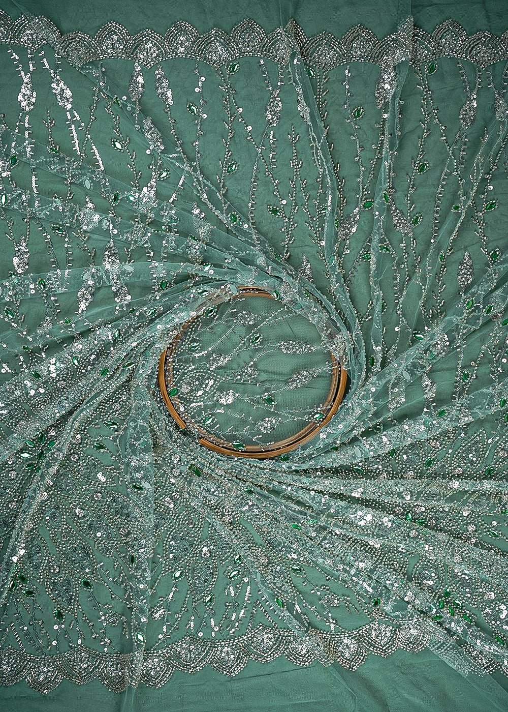 Green Imported Net Fabric With All Over Bead, Sequins And Stone Work With One Side Scalloped Border 24032