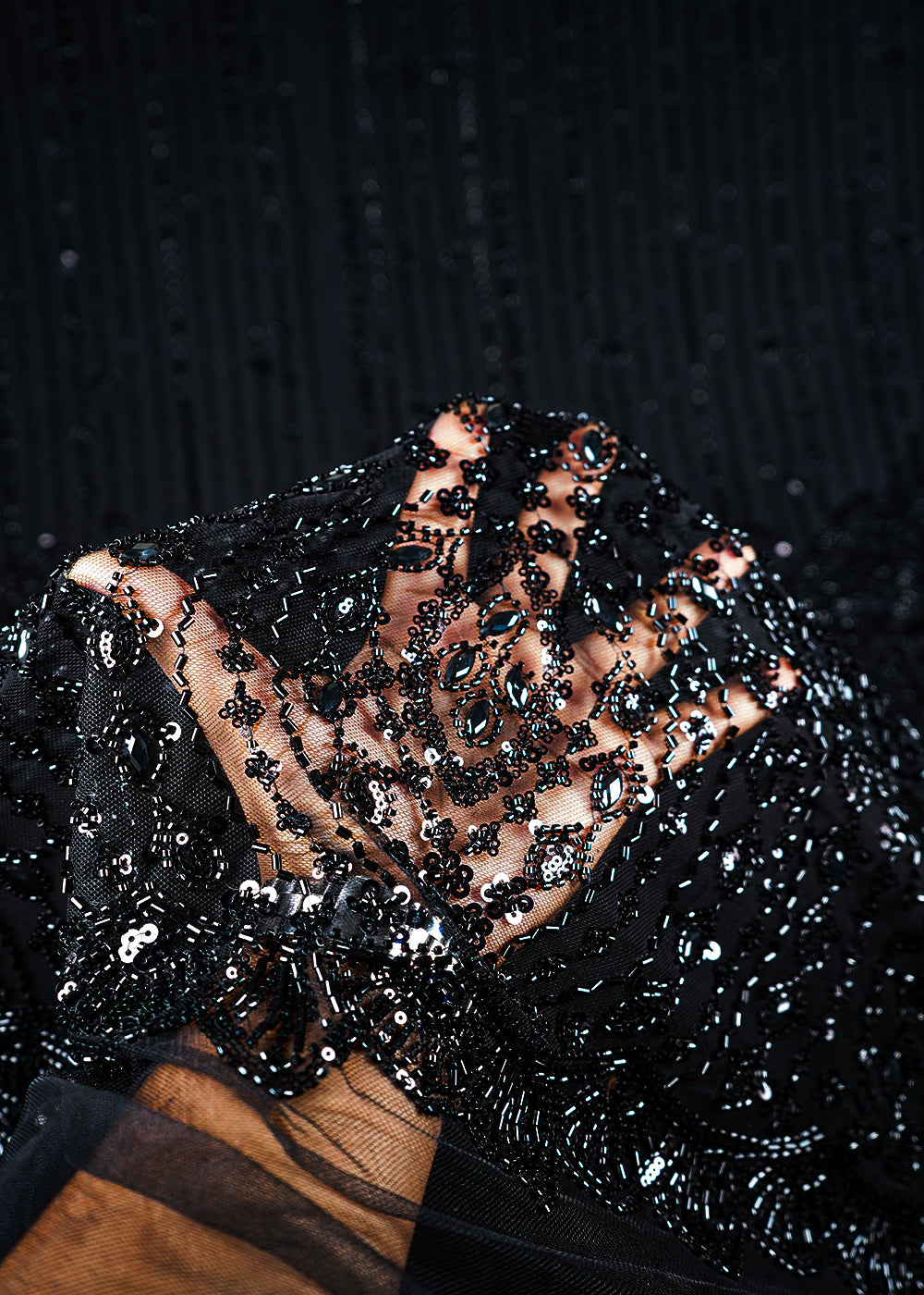 Black Imported Net Fabric With All Over Bead, Sequins And Stone Work With One Side Scalloped Border 24033