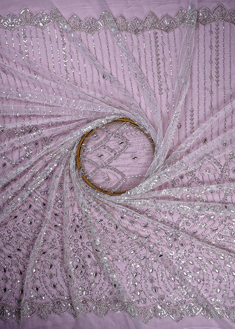 Baby Pink Imported Net Fabric With All Over Bead, Sequins And Stone Work With One Side Scalloped Border 24035