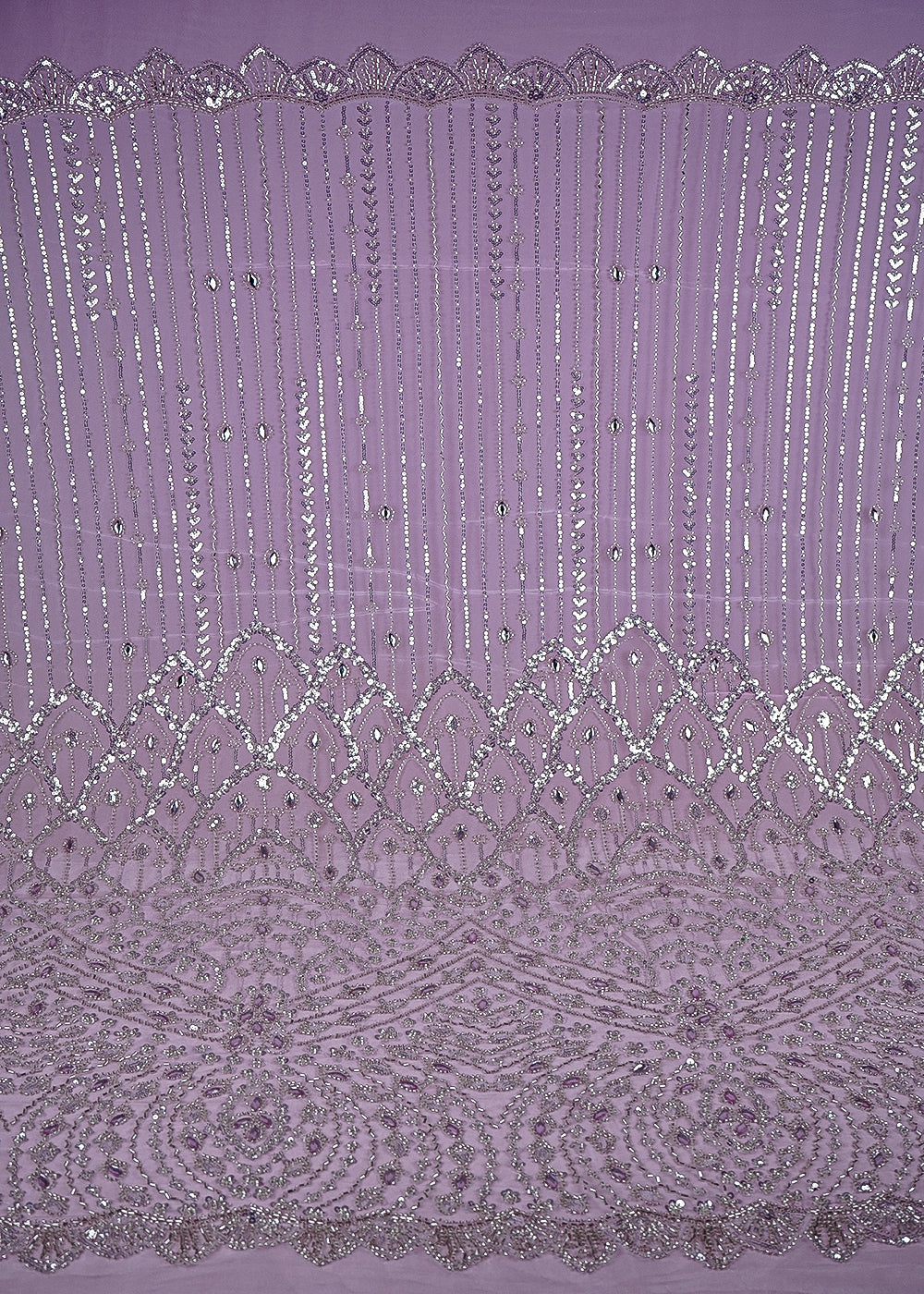 Baby Pink Imported Net Fabric With All Over Bead, Sequins And Stone Work With One Side Scalloped Border 24035