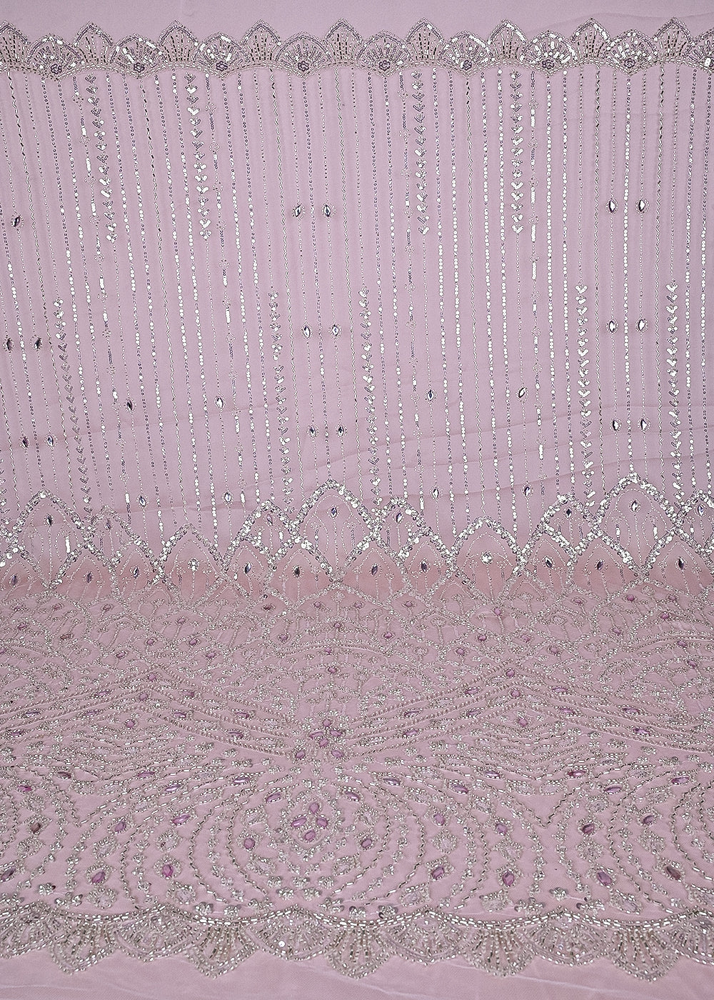 Baby Pink Imported Net Fabric With All Over Bead, Sequins And Stone Work With One Side Scalloped Border 24035