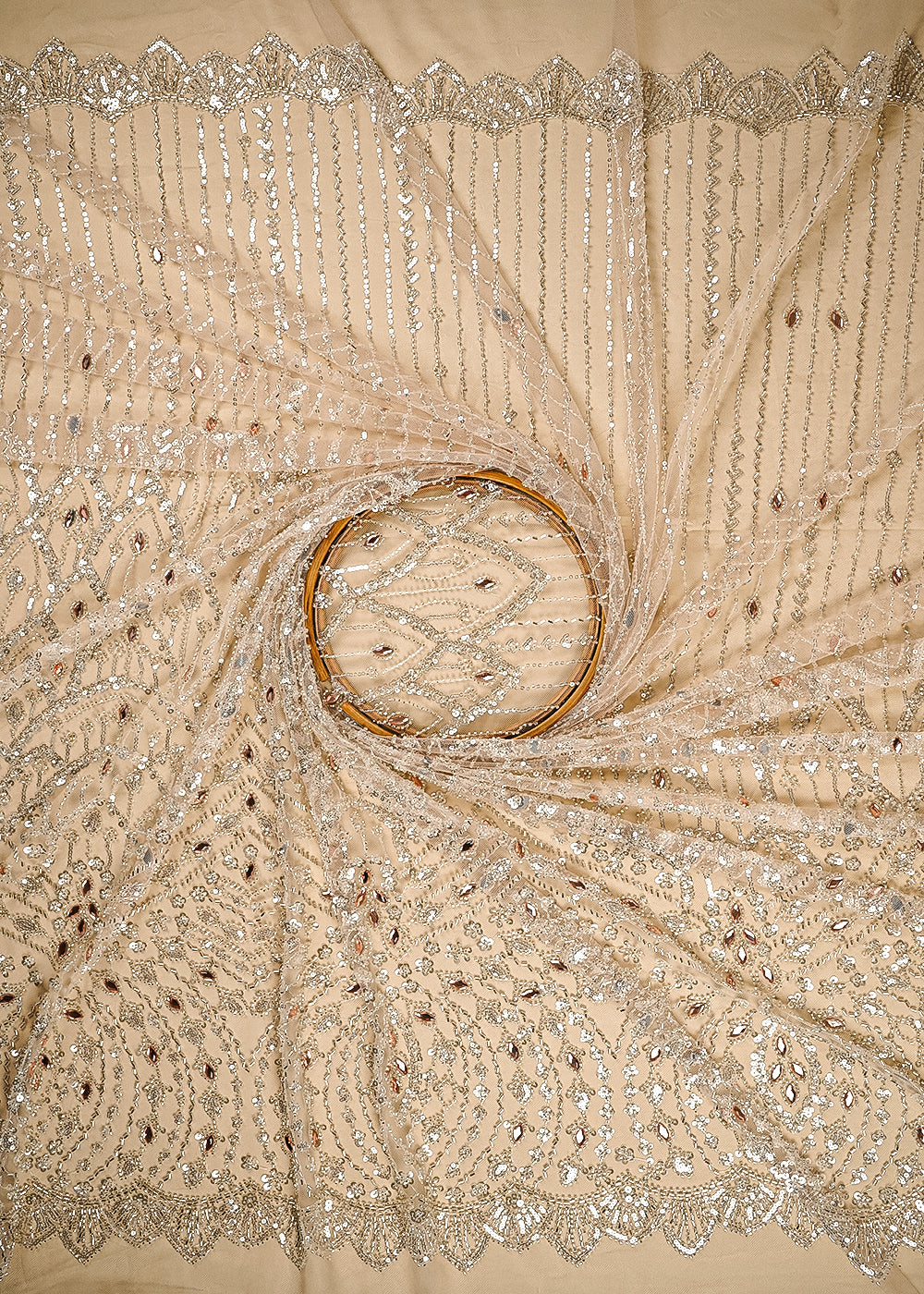 Beige Imported Net Fabric With All Over Bead, Sequins And Stone Work With One Side Scalloped Border 24037