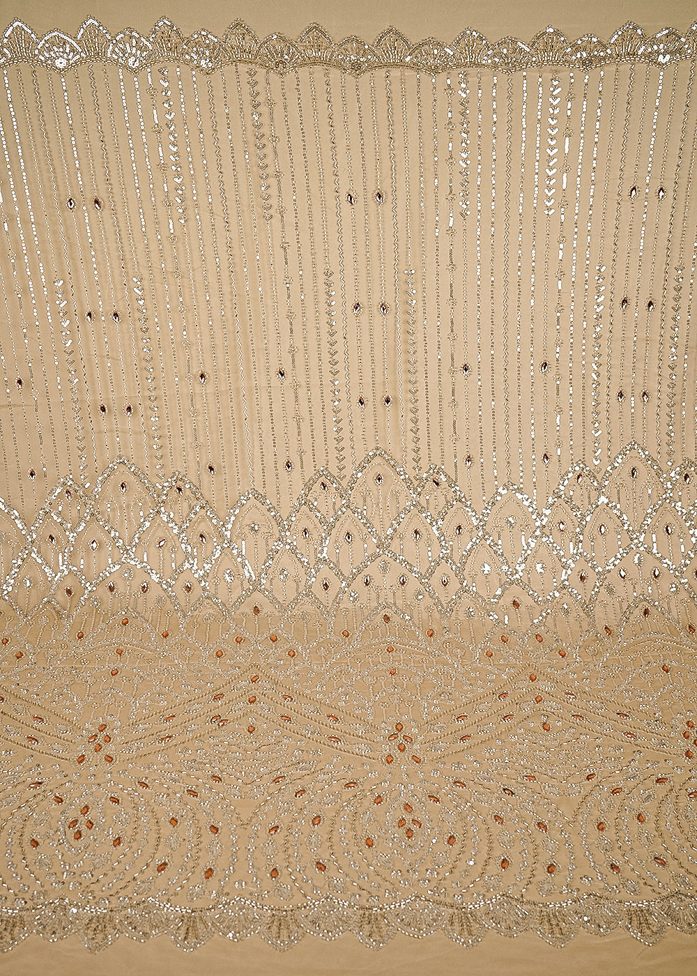 Beige Imported Net Fabric With All Over Bead, Sequins And Stone Work With One Side Scalloped Border 24037