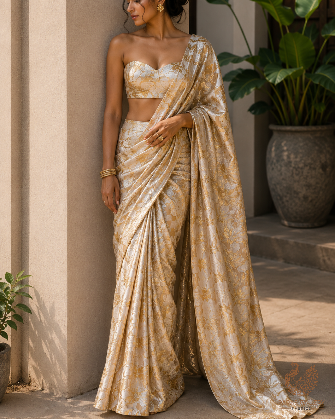 Light Gold Imported Jacquard Fabric With All Over Foil Work 24062