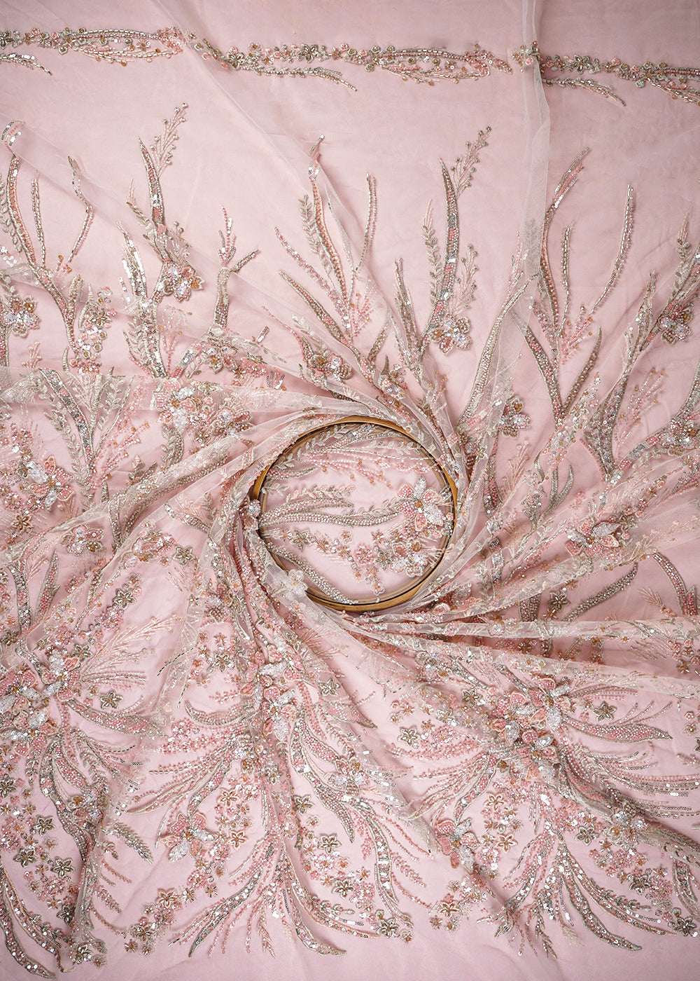 Baby Pink Imported Net Fabric With All Over Sequins And Katdana Work With Border 24063