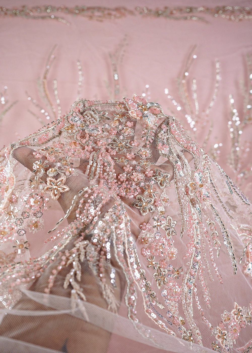 Baby Pink Imported Net Fabric With All Over Sequins And Katdana Work With Border 24063