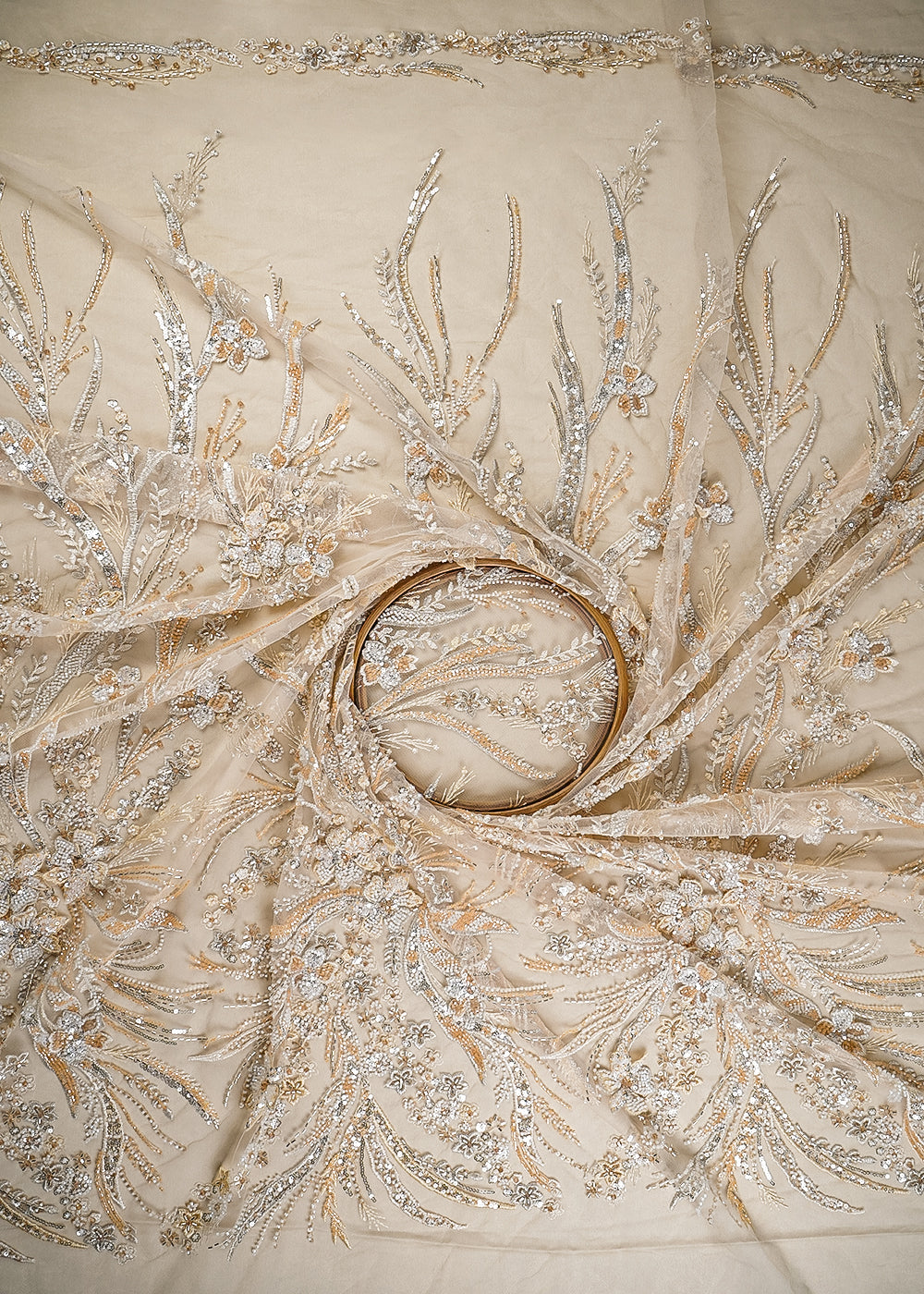 Light Gold Imported Net Fabric With All Over Sequins And Katdana Work With Border 24064