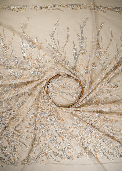 Light Gold Imported Net Fabric With All Over Sequins And Katdana Work With Border 24064