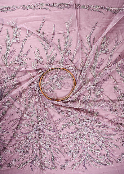 Onion Pink Imported Net Fabric With All Over Sequins, Katdana Bead And 3D Work 24065