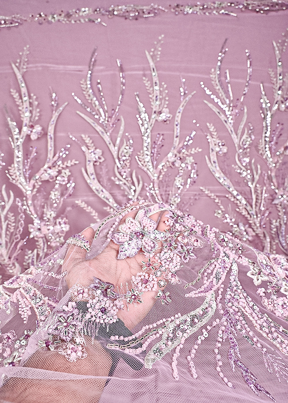 Mauve Imported Net Fabric With All Over Sequins, Katdana Bead And 3D Work 24065