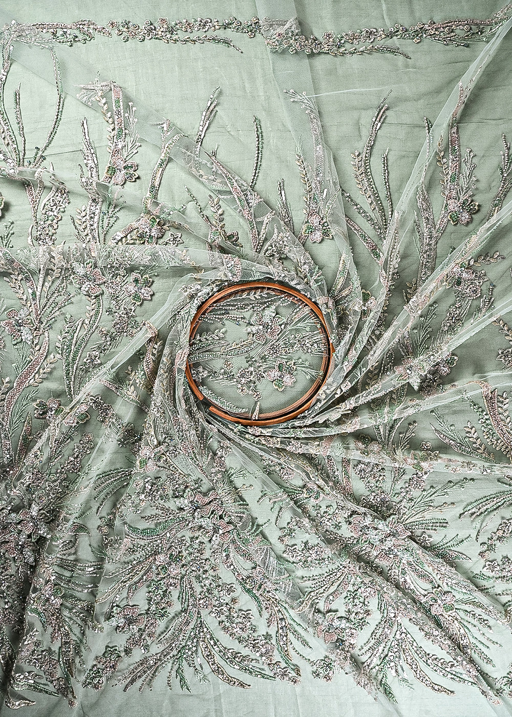 Green Imported Net Fabric With All Over Sequins, Katdana, Bead And 3D Work 24066