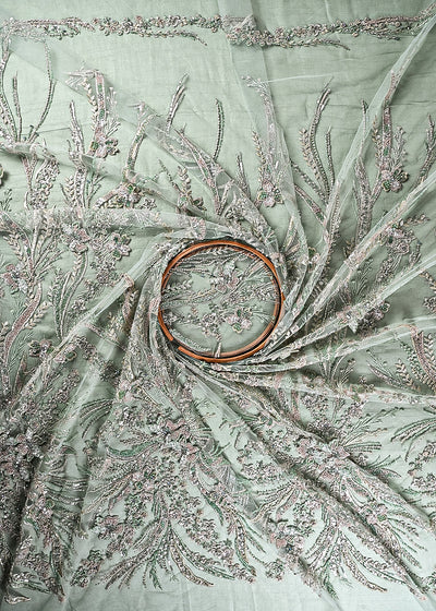 Mint Green Imported Net Fabric With All Over Sequins, Katdana, Bead And 3D Work 24066