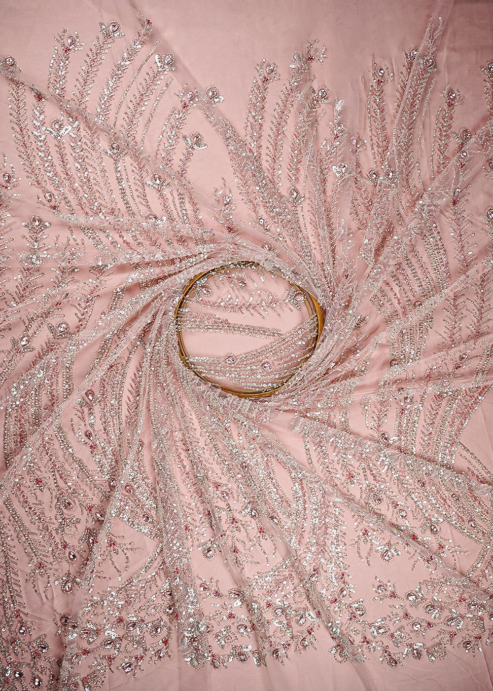 Baby Pink Net Fabric With All Over Sequins, Katdana And Stone Work 24067