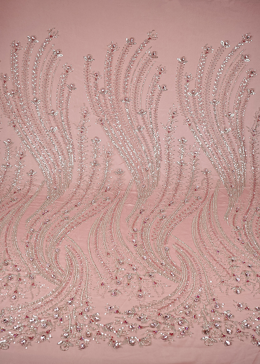 Baby Pink Net Fabric With All Over Sequins, Katdana And Stone Work 24067
