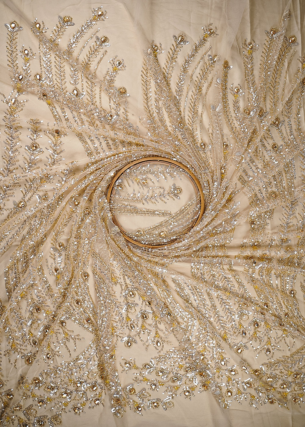 Light Gold Net Fabric With All Over Sequins, Katdana And Stone Work 24068
