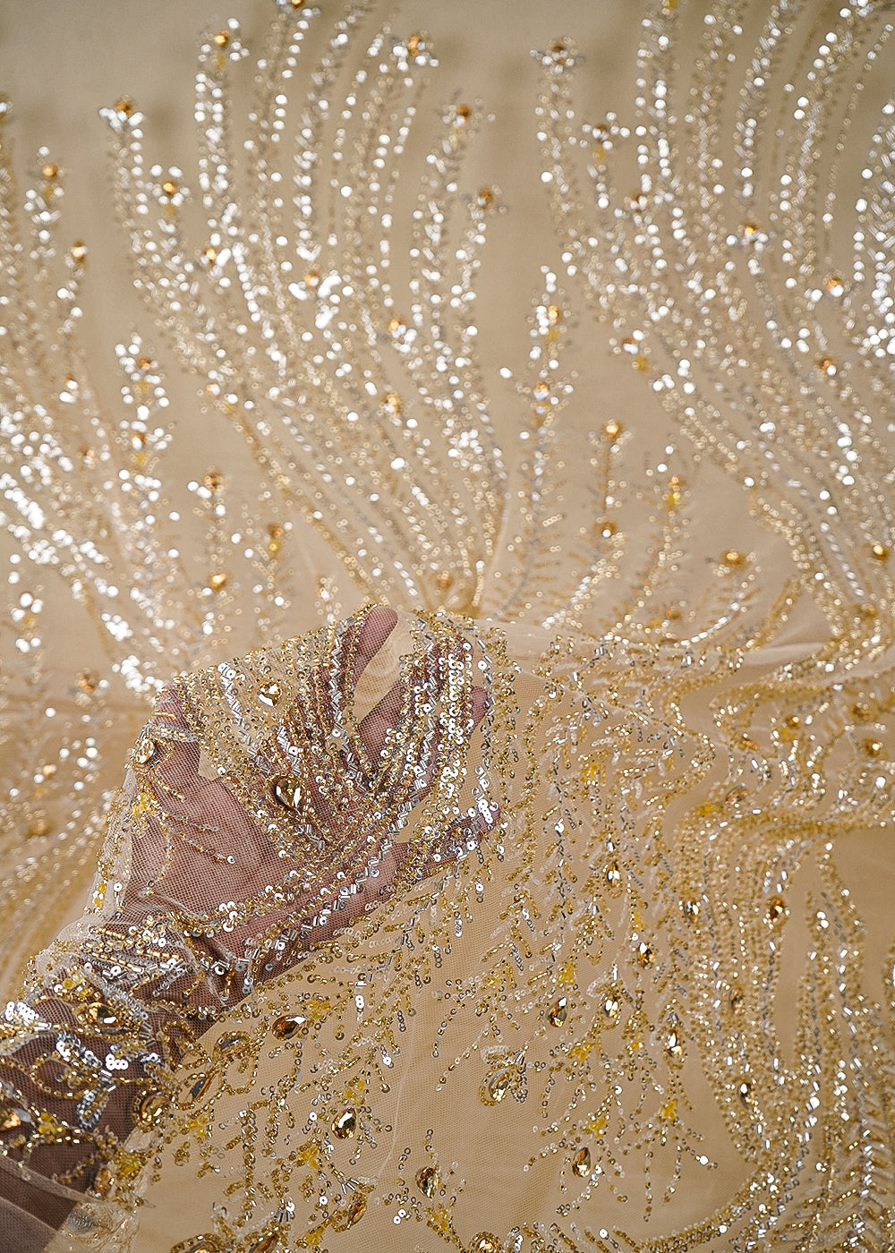 Light Gold Net Fabric With All Over Sequins, Katdana And Stone Work 24068