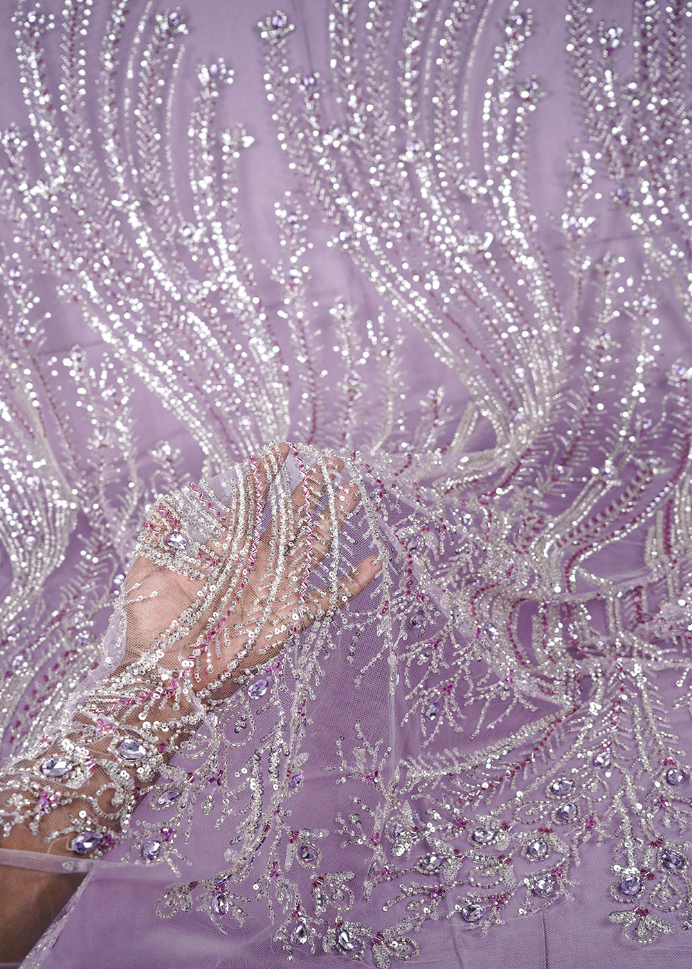 Lilac Net Fabric With All Over Sequins, Katdana And Stone Work 24069