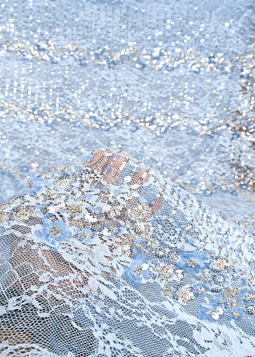 Powder Blue Sandlin Lace Fabric With All Over Katdana And Sequins Work 24071