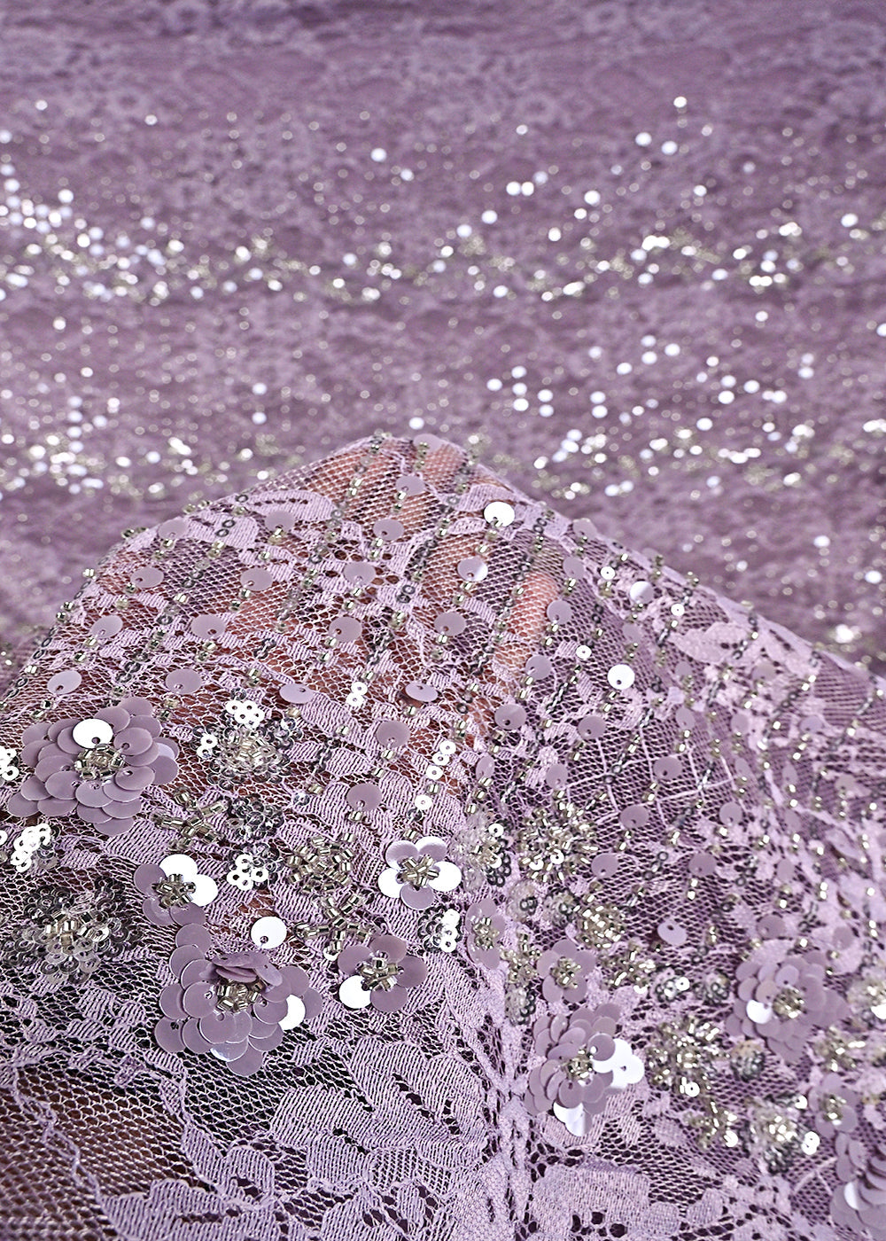 Lavender Sandlin Lace Fabric With All Over Katdana And Sequins Work 24072