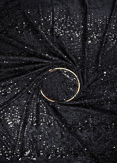 Black Sandlin Lace Fabric With All Over Katdana And Sequins Work 24074