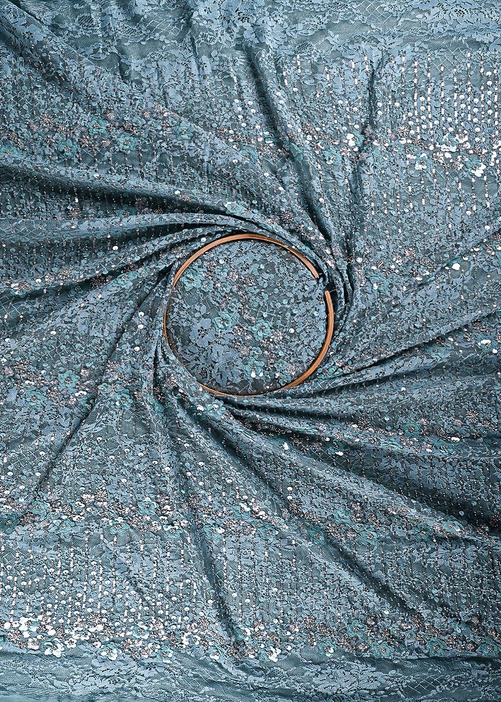 Aqua Blue Sandlin Lace Fabric With All Over Katdana And Sequins Work 24075