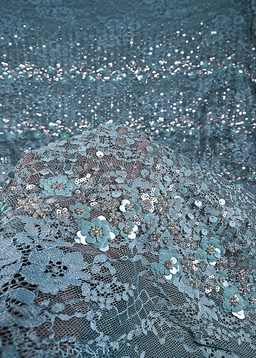 Aqua Blue Sandlin Lace Fabric With All Over Katdana And Sequins Work 24075