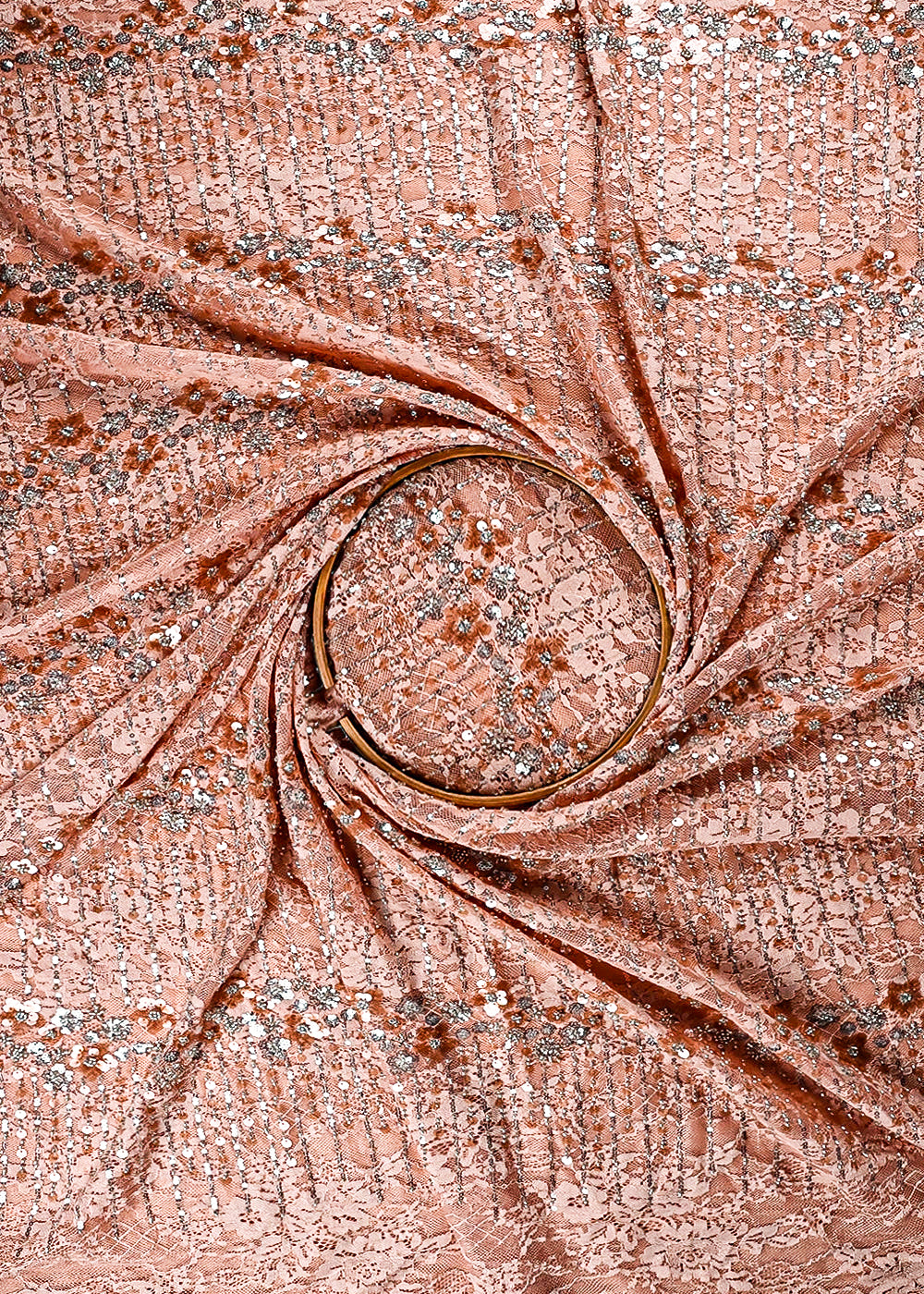 Peach Sandlin Lace Fabric With All Over Katdana And Sequins Work 24076