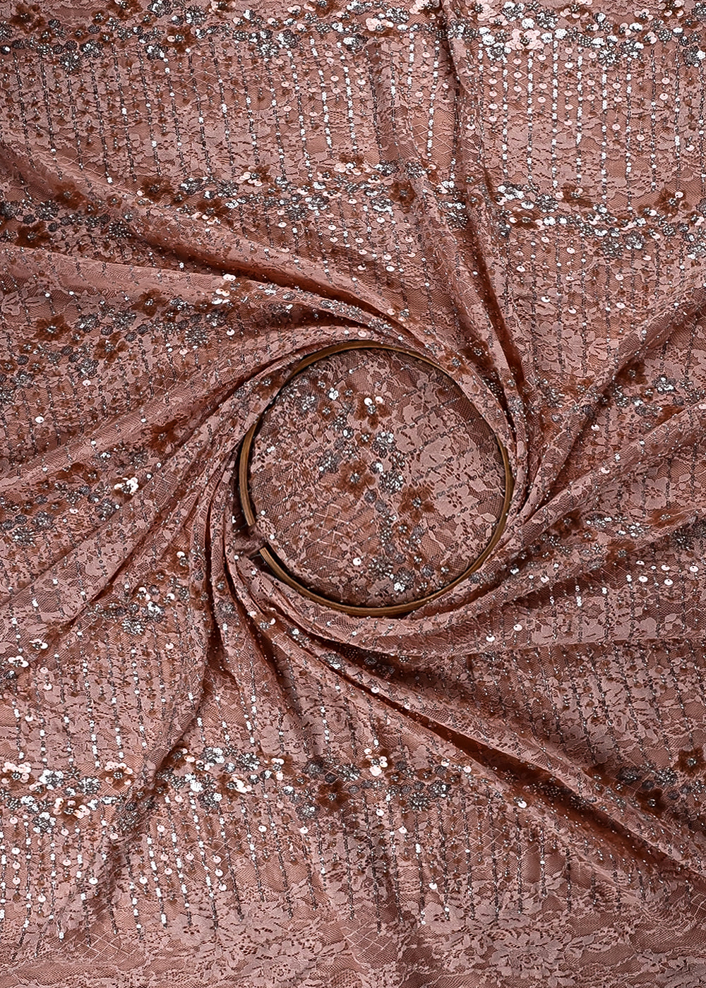 Peach Sandlin Lace Fabric With All Over Katdana And Sequins Work 24076