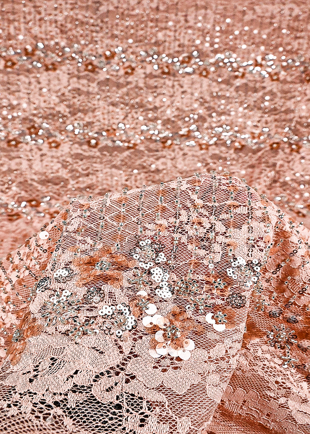 Peach Sandlin Lace Fabric With All Over Katdana And Sequins Work 24076