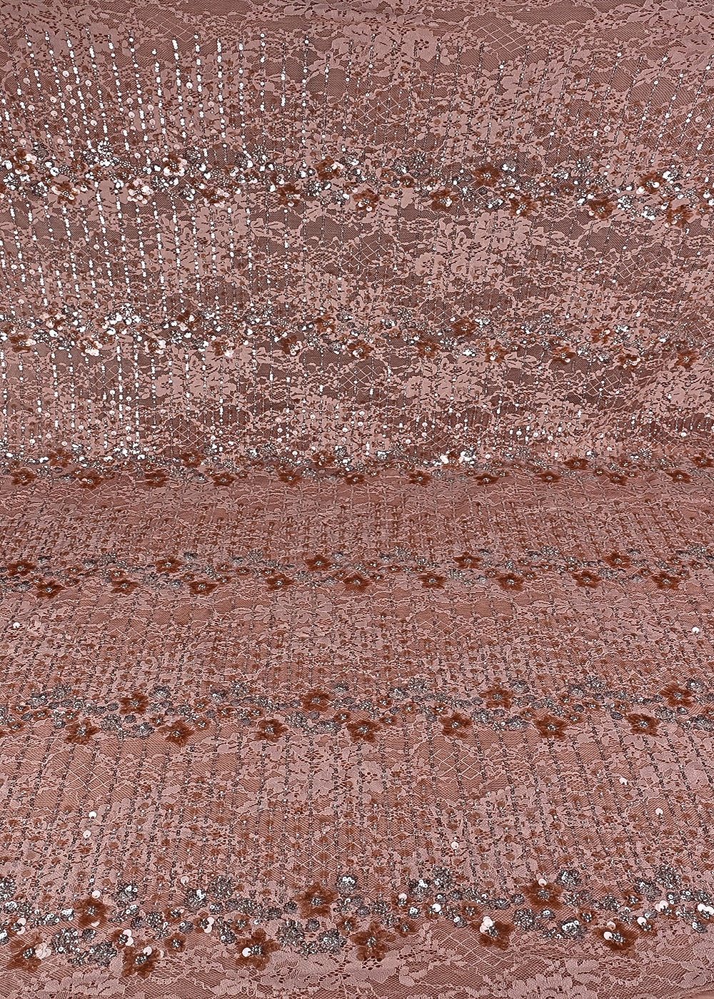 Peach Sandlin Lace Fabric With All Over Katdana And Sequins Work 24076