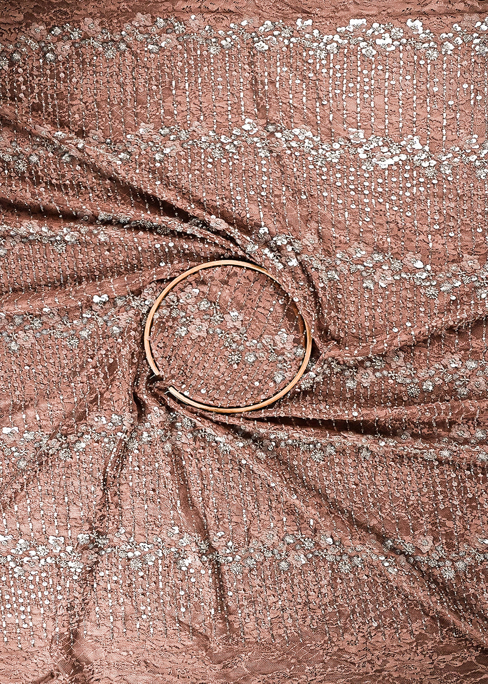 Brown Sandlin Lace Fabric With All Over Katdana And Sequins Work 24078