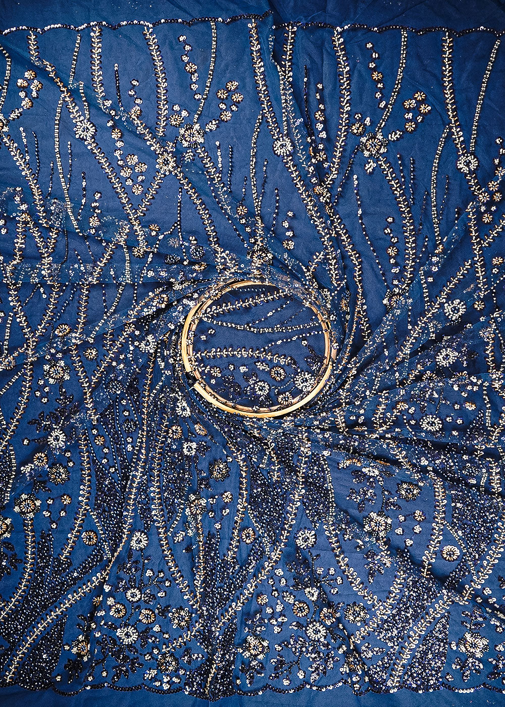 Navy Blue Net Fabric With All Over Bead, Sequins And Scalloped Borders 24079