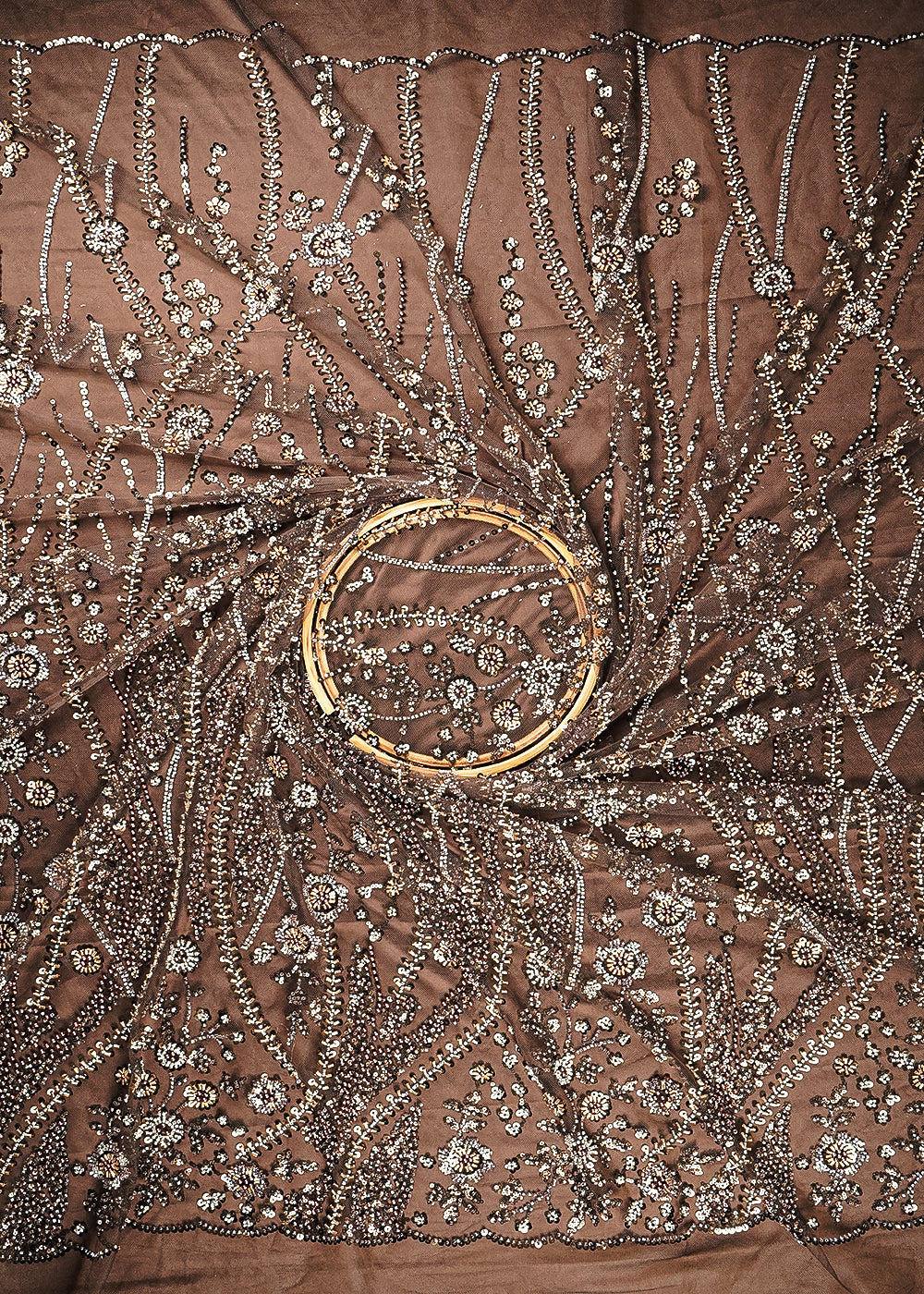 Brown Imported Net Fabric With All Over Sequins And Bead Work With Scalloped Border 24080