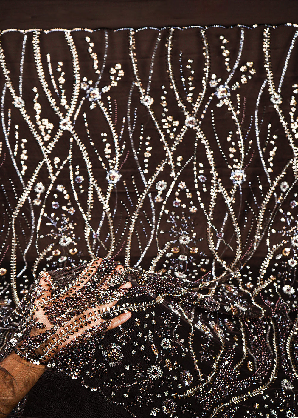 Brown Imported Net Fabric With All Over Sequins And Bead Work With Scalloped Border 24080