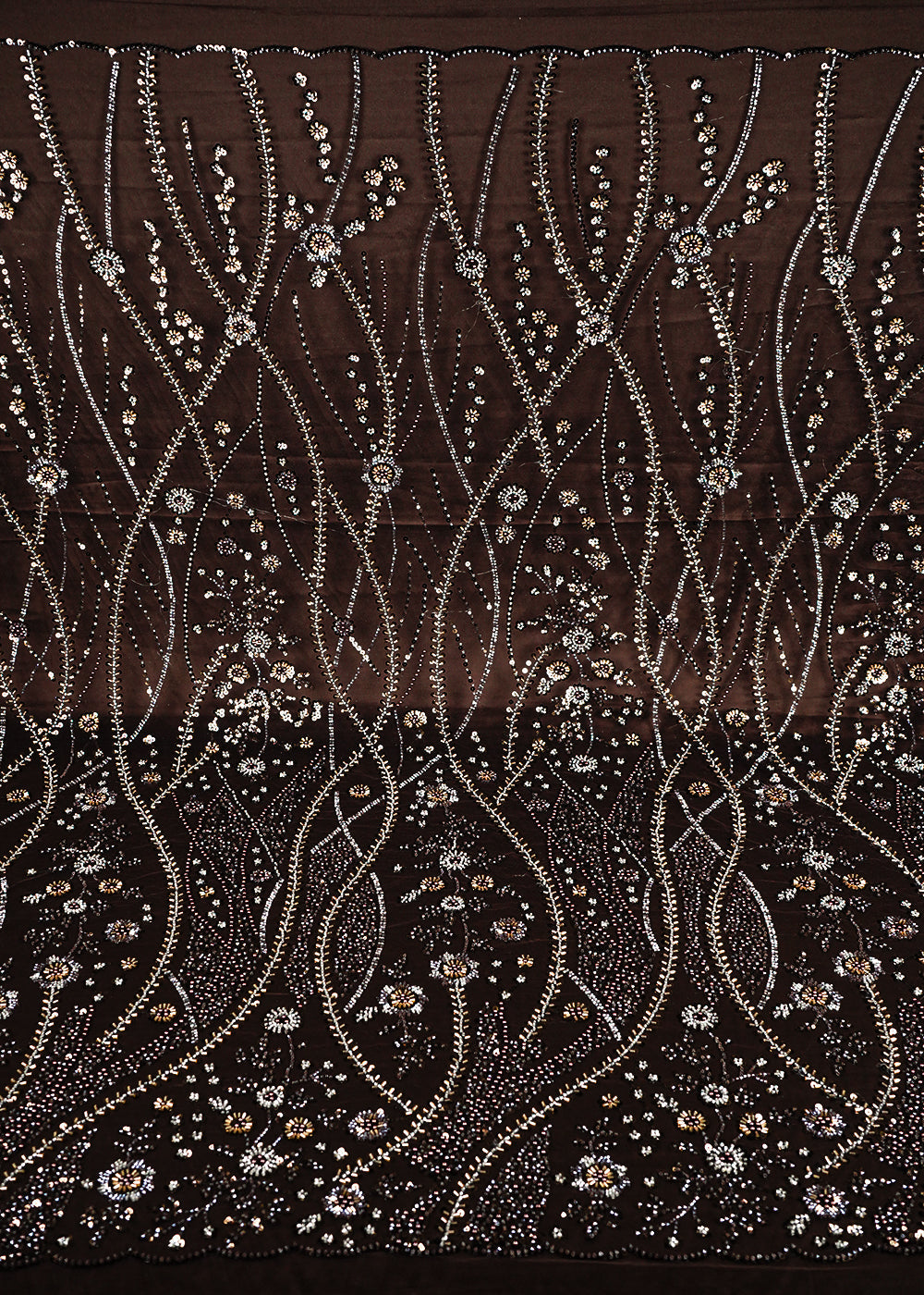 Brown Imported Net Fabric With All Over Sequins And Bead Work With Scalloped Border 24080