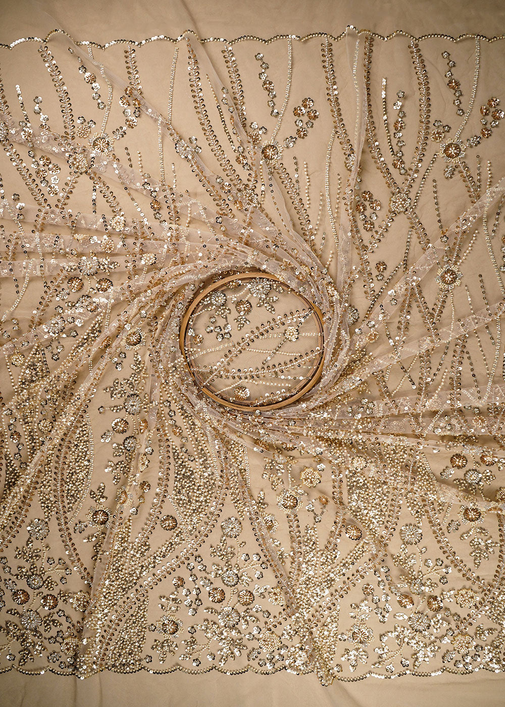 Light Gold Net Fabric With All Over Bead, Sequins And Scalloped Borders 24081