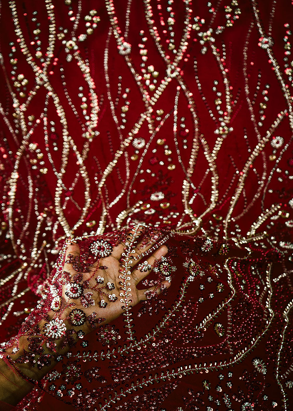 Mehroon Net Fabric With All Over Bead, Sequins And Scalloped Borders 24082