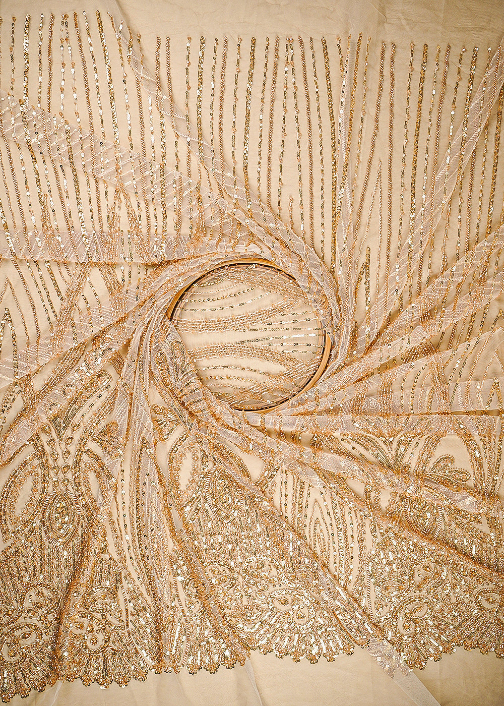 Golden Net Fabric With All Over Sequins, Bead And Scalloped Border 24083