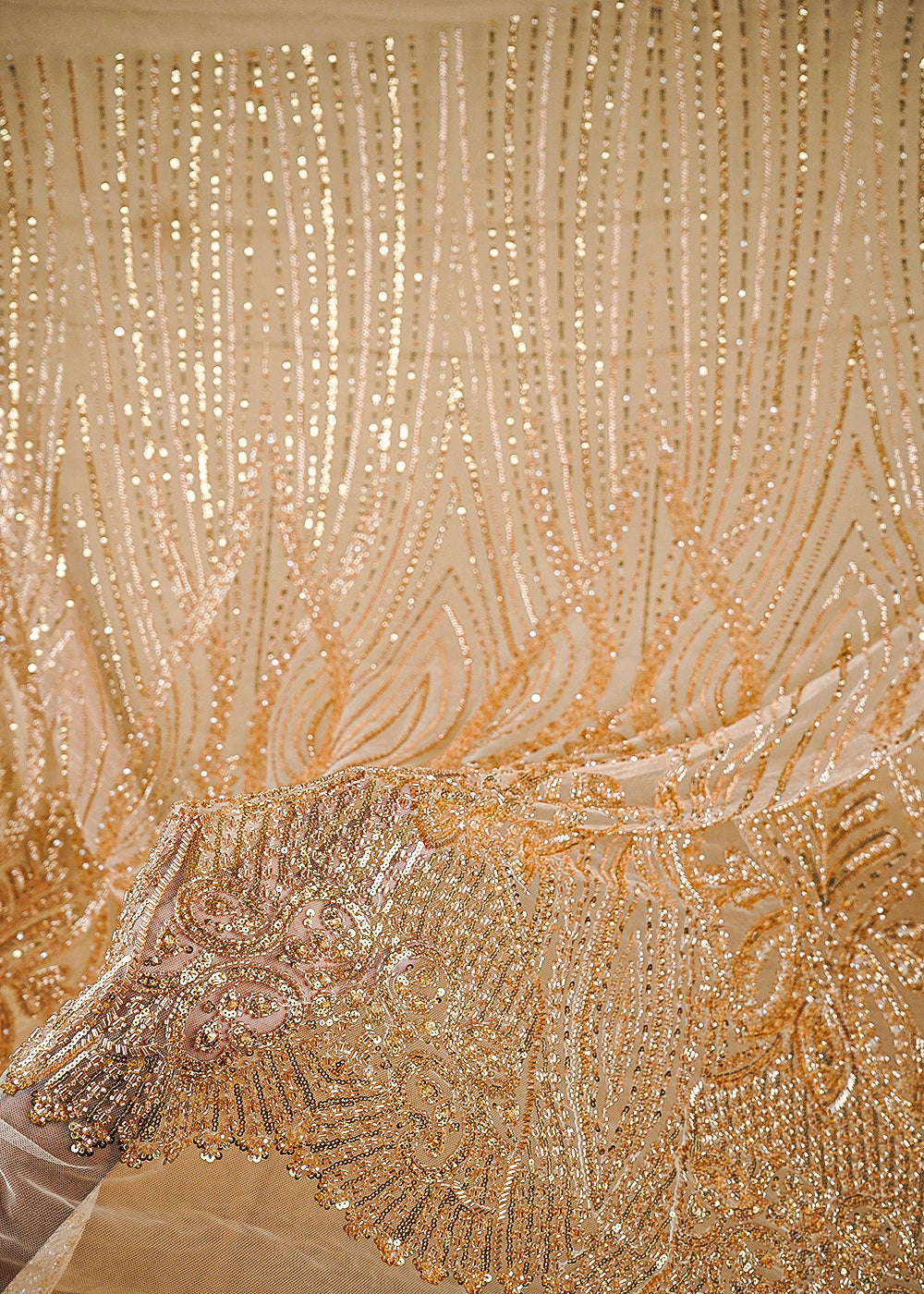 Golden Net Fabric With All Over Sequins, Bead And Scalloped Border 24083