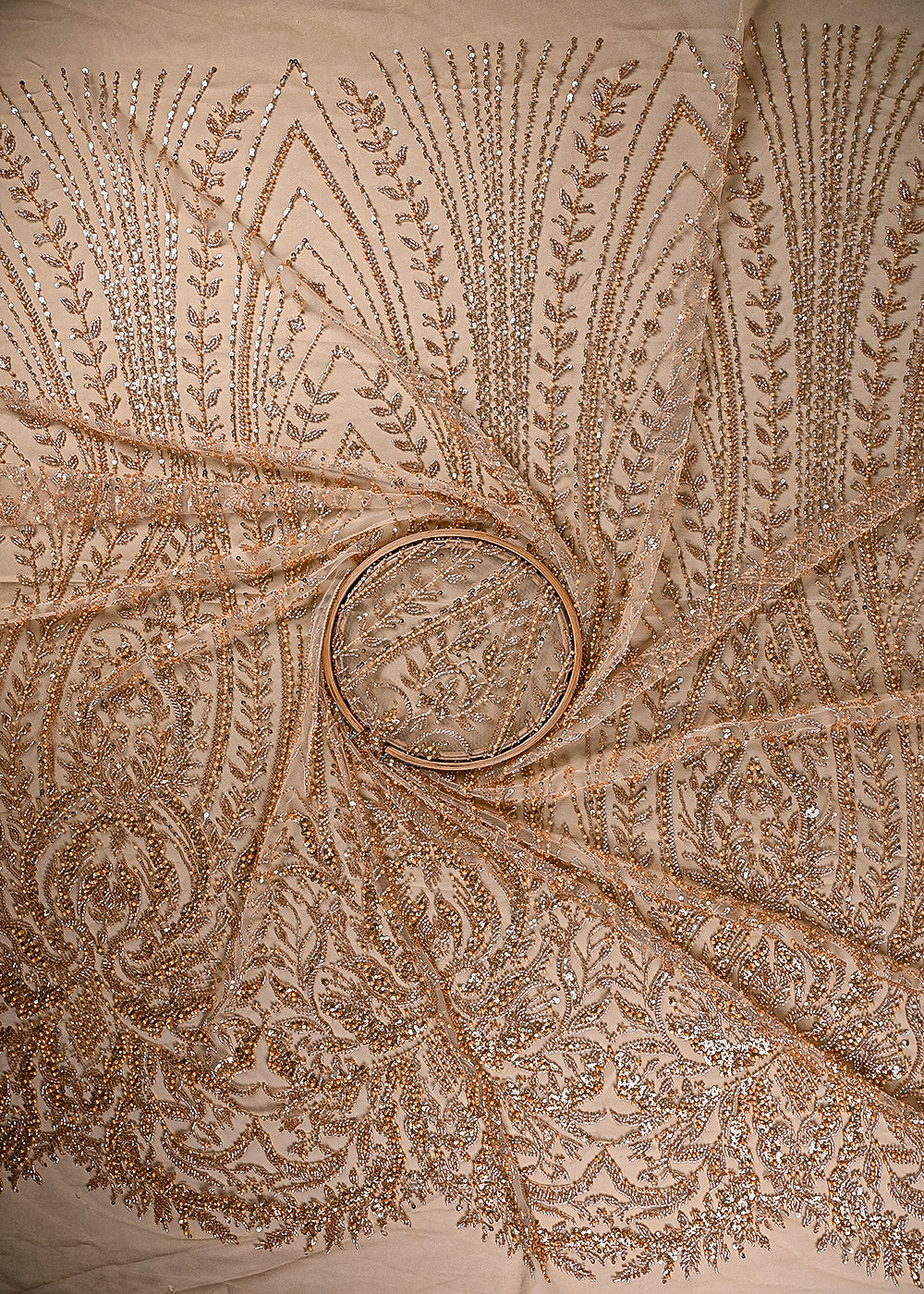Golden Imported Net Fabric With All Over Sequins, Katdana And Bead Work With One Side Border 24085
