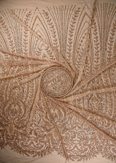 Golden Imported Net Fabric With All Over Sequins, Katdana And Bead Work With One Side Border 24085