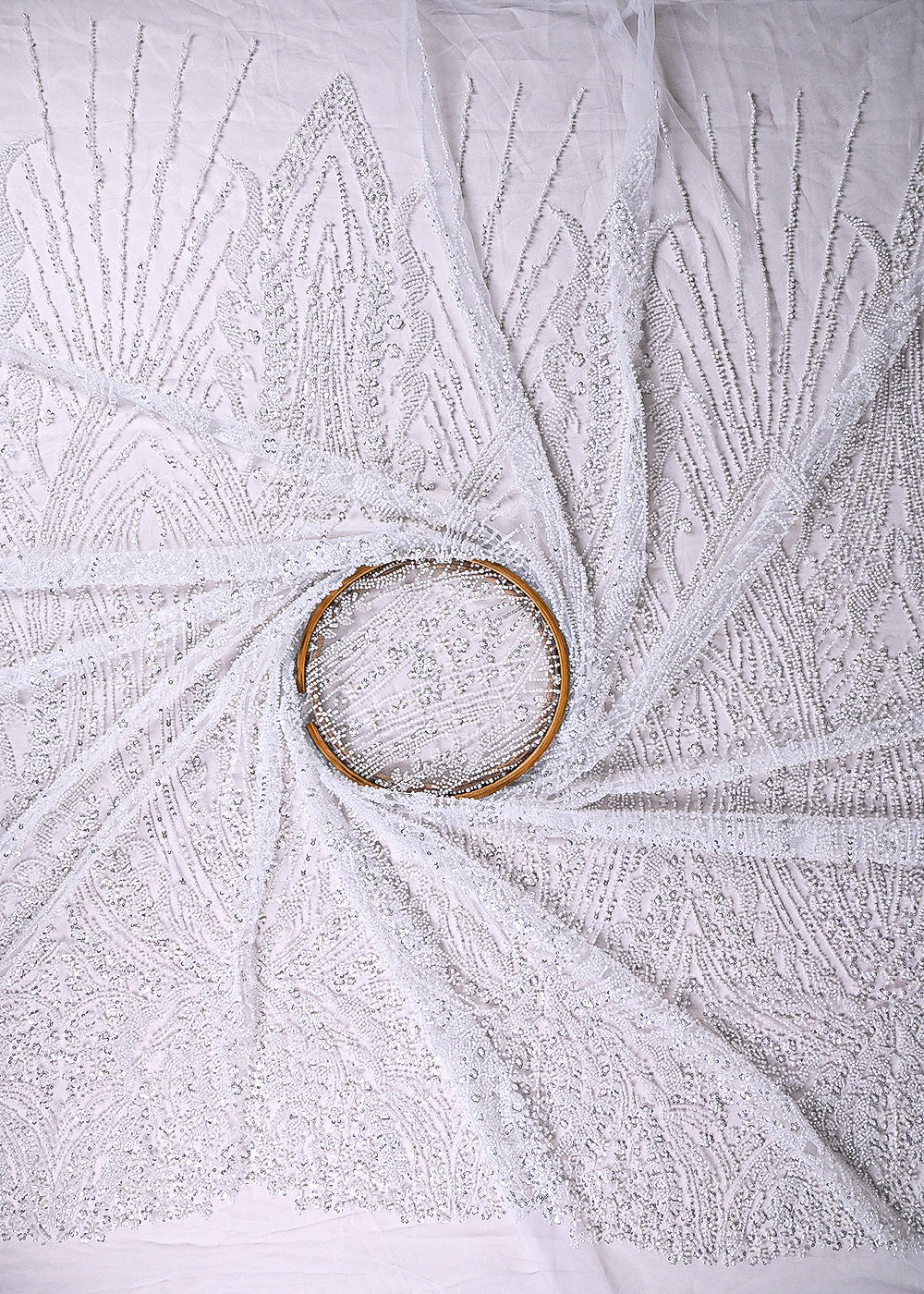 White Imported Net Fabric With All Over Sequins, Katdana And Bead Work With One Side Border 24087