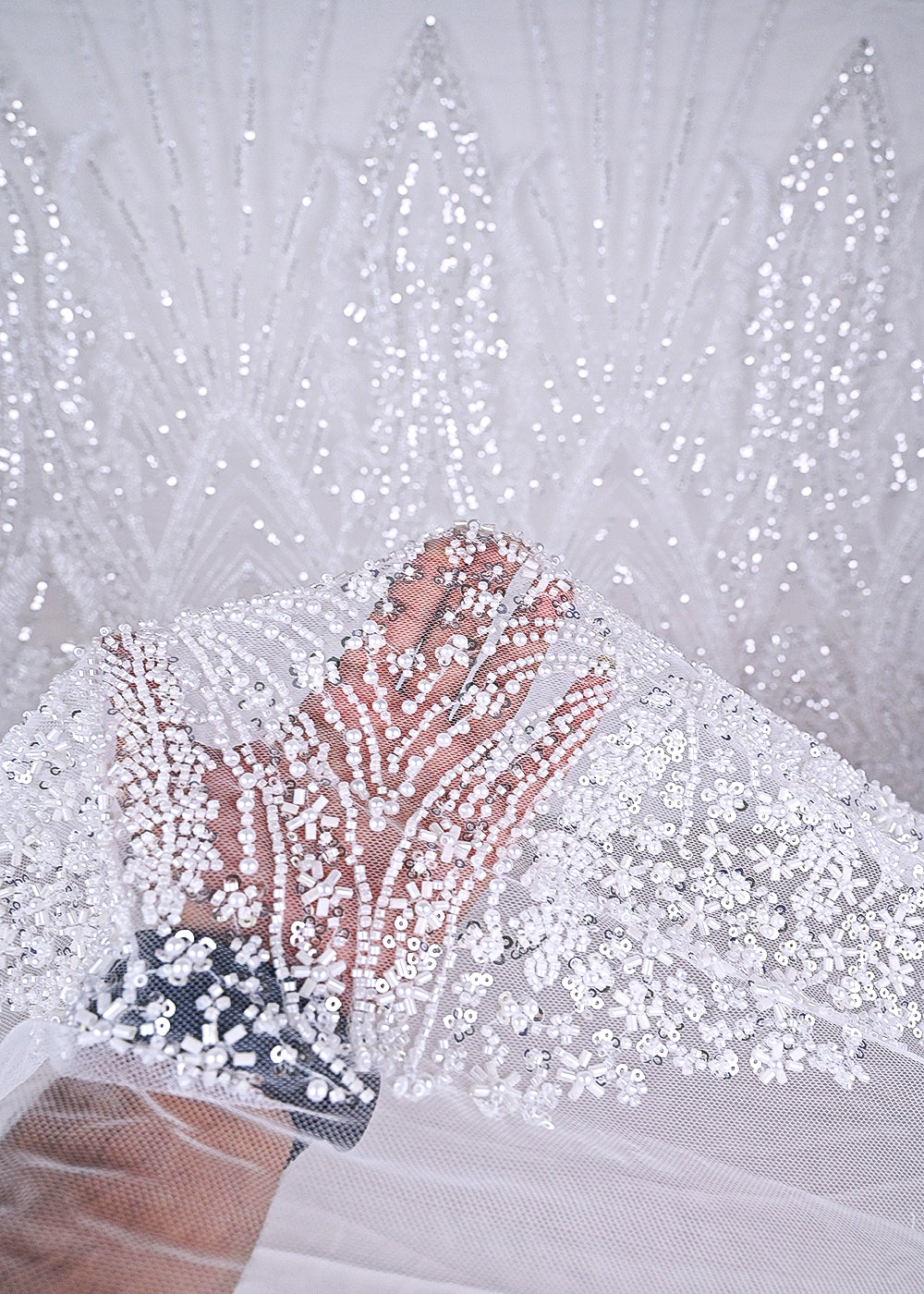 White Imported Net Fabric With All Over Sequins, Katdana And Bead Work With One Side Border 24087