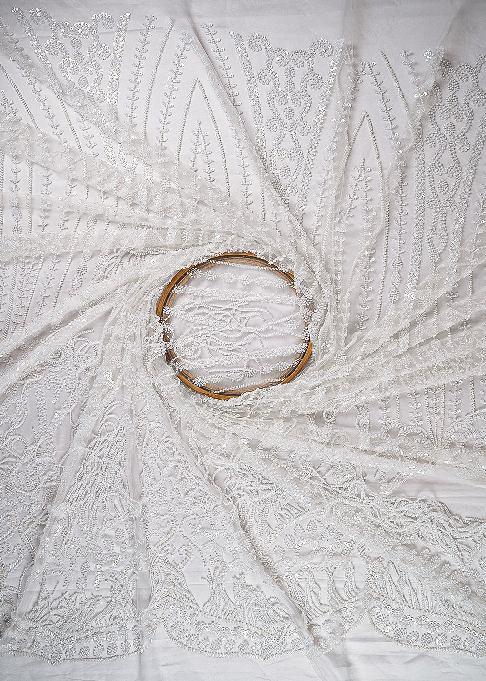 White Net Fabric With All Over Sequins, Bead And Scalloped Border 24090